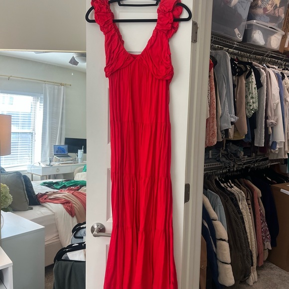 Red Ruffled V-Neck Dress - Picture 2 of 3
